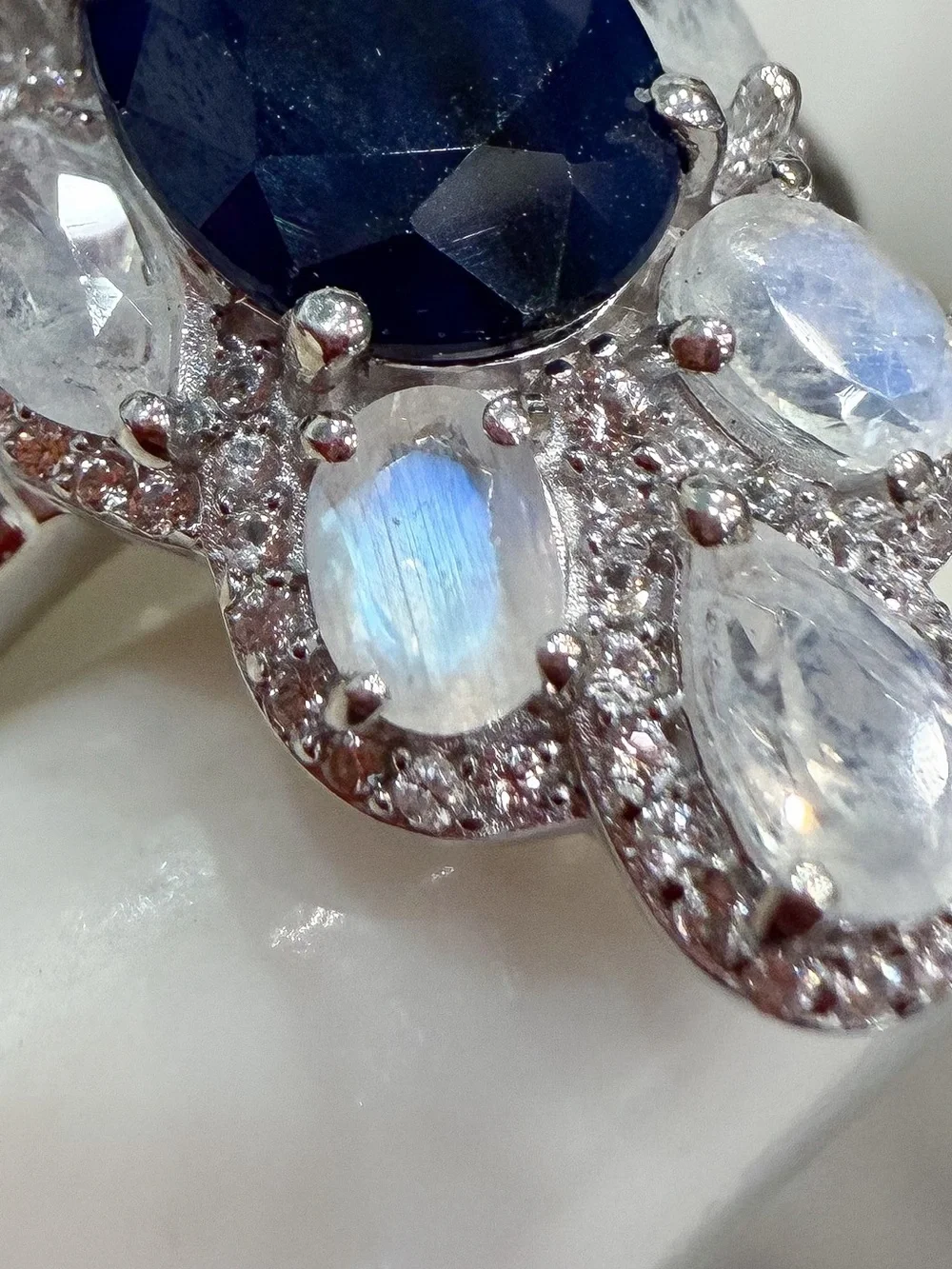 Kanchanaburri Blue Sapphire Moonstone Zircon Sterling Silver Cluster Ring Sz 9